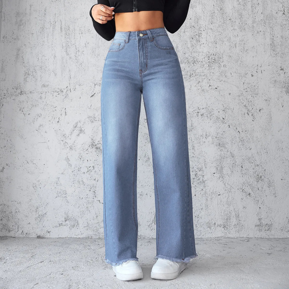 New Temperament High-waisted Wide-leg Jeans. Four Seasons Fashionable,simple,comfortable and Casual Straight-leg Jeans for Women