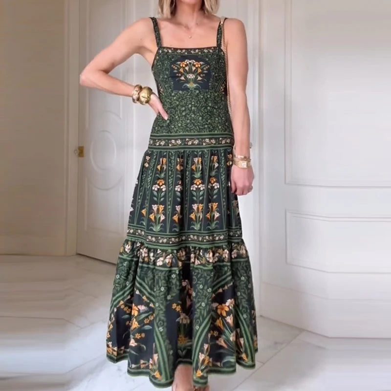 Spring Summer Floral Print Pleated Long Dress Women Sexy Slash Neck Backless Suspen Dress New Ladies Sleeveless Loose Boho Dress