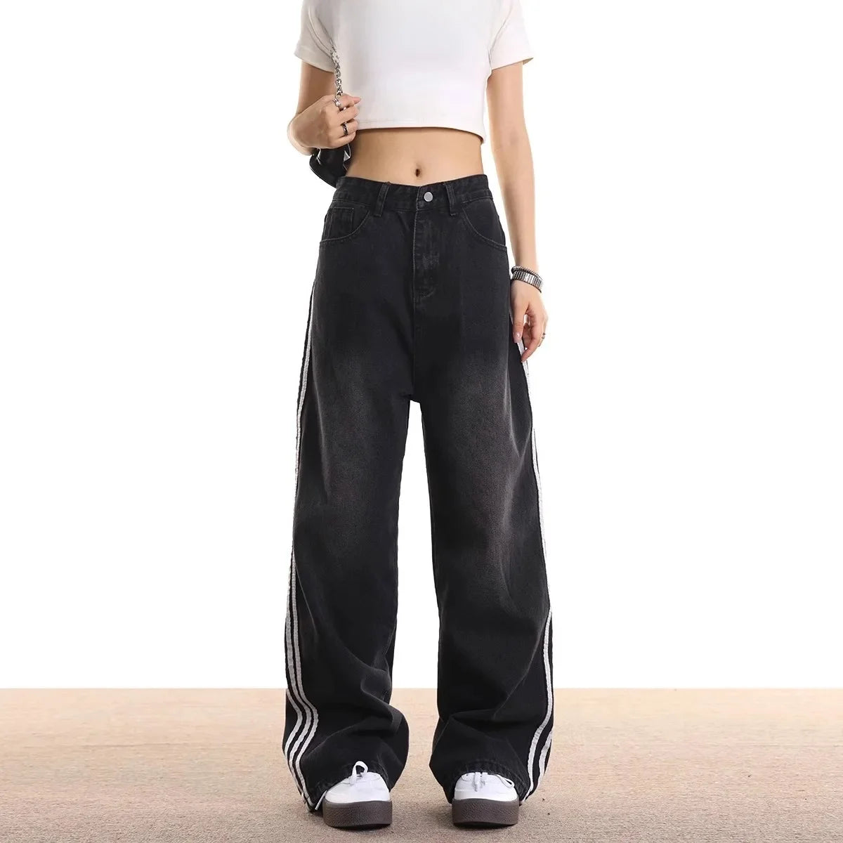 Vintage Striped Jeans Women's Loose-Fit American Style Spring Autumn New Straight-Leg Long Pants Trendy Brand Casual Wear