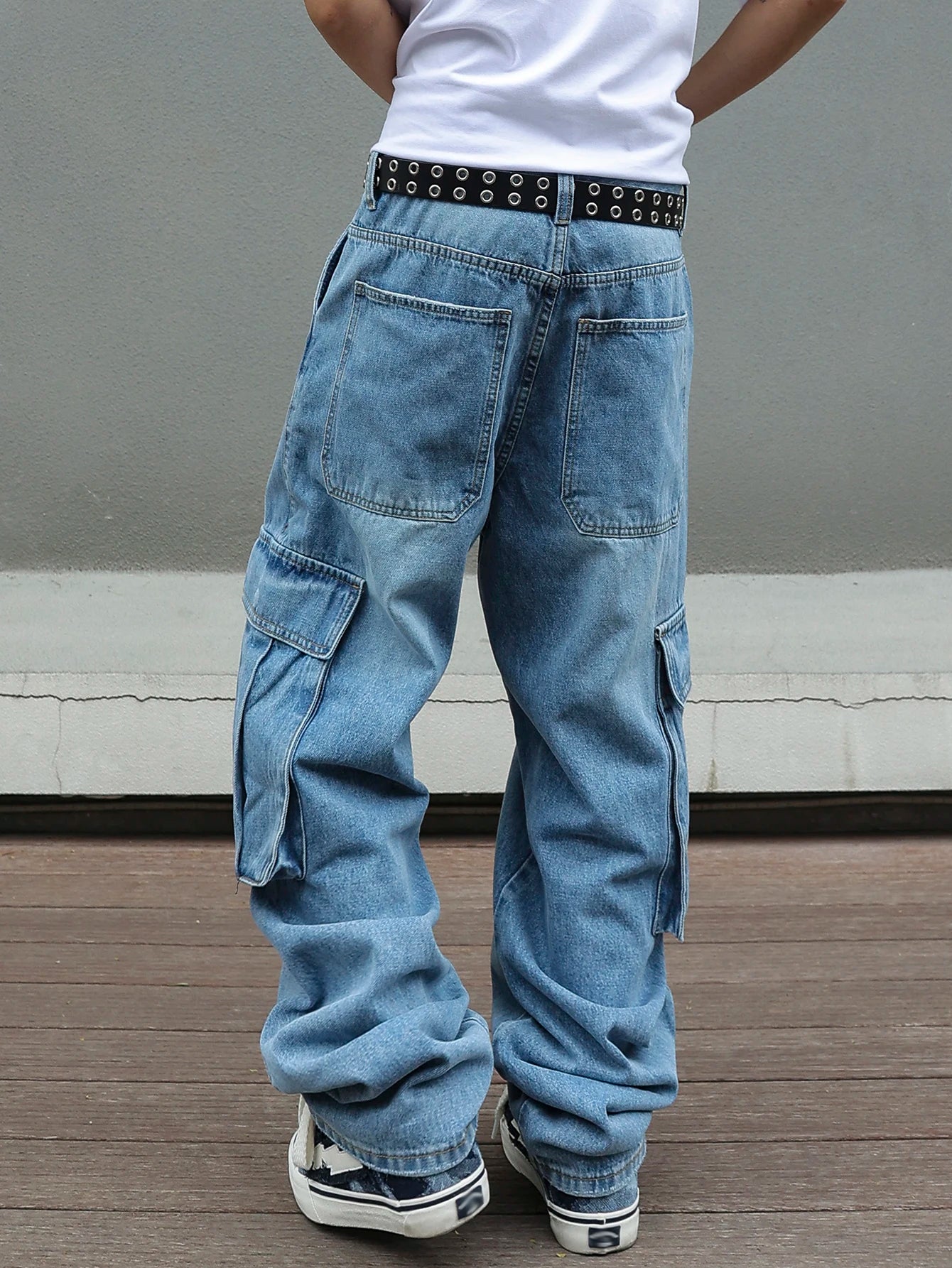 Men's Baggy Cargo Pants Light Blue Washed Denim Multi-Pocket Wide-Leg Jeans Vintage Look Loose Fit Streetwear Style