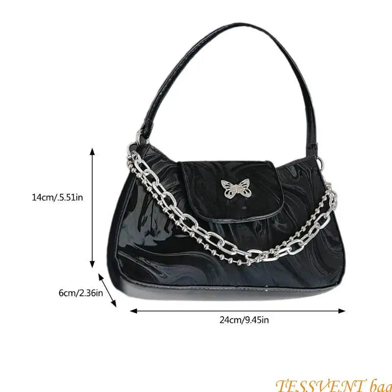 Fashionable Handbag Retro PU Leather Shoulder Bag with Butterfly Designs for Women Korean Solid Color Underarm Purse F42A
