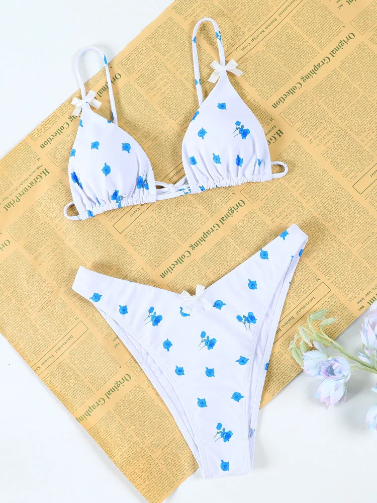 Push Up Bikini Set Bow Swimwear Women Plaid Bikinis String Beachwear Two Piece Suit Biquini Bandage Bathing Suit