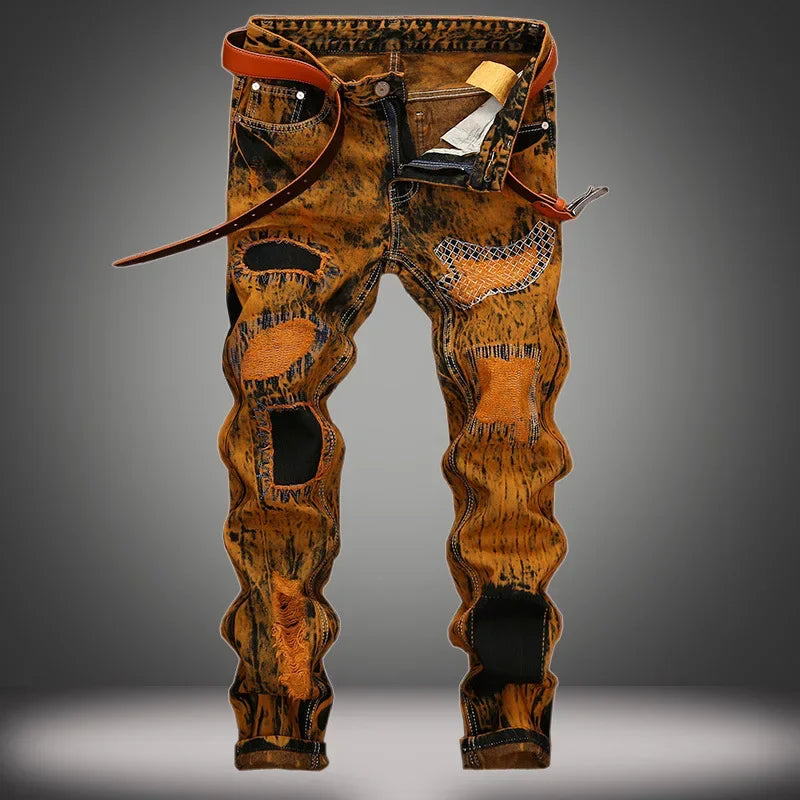 Autumn New Vintage Jeans Men's Ripped Straight Slim-fit Jeans Patchwork Personalized Distressed Hip-hop Streetwear Man Clothes