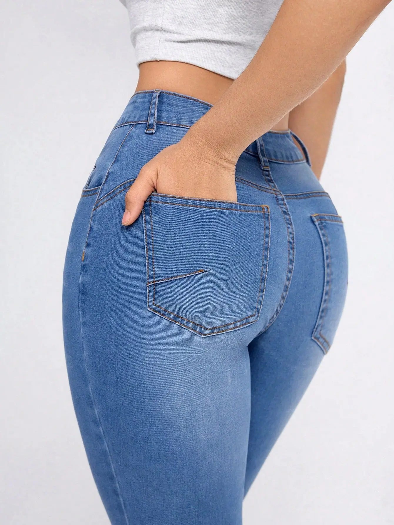 Women Clothing Skinny Solid Ankle Length Jean Washed Zipper Fly Denim Pants High Waist Jeans Spliced Casual Slim Pockets
