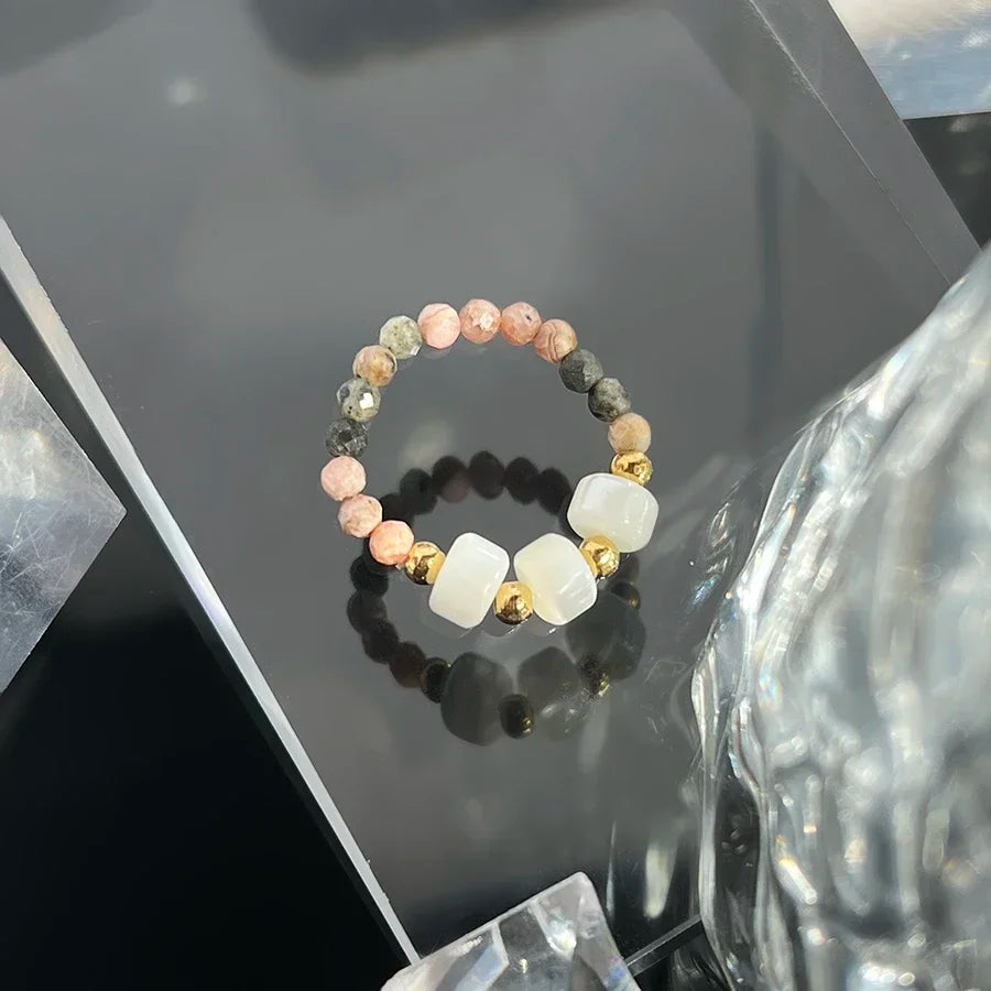 Handmade Facted 3mm Natural Stone Beaded Rings for Women Girls Fashion Jewelry Rhodochrosite Statement Ring Wedding Wholesale
