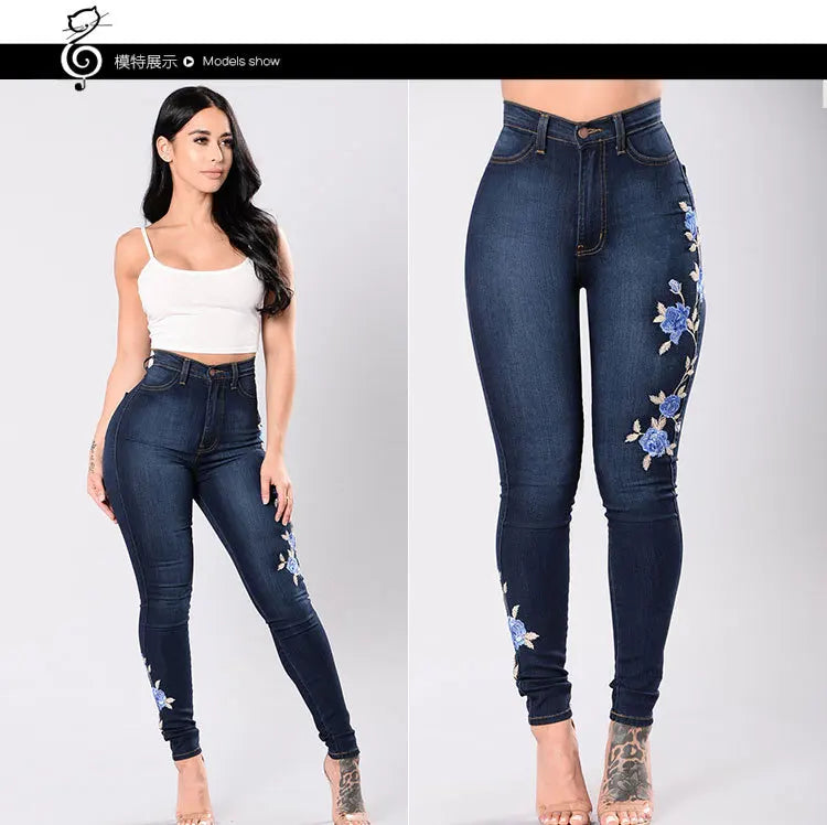 Fashionable Printed and Embroidered High-waisted Skinny Jeans. Four Seasons New Casual, Elastic Comfortable Pencil Pants Women