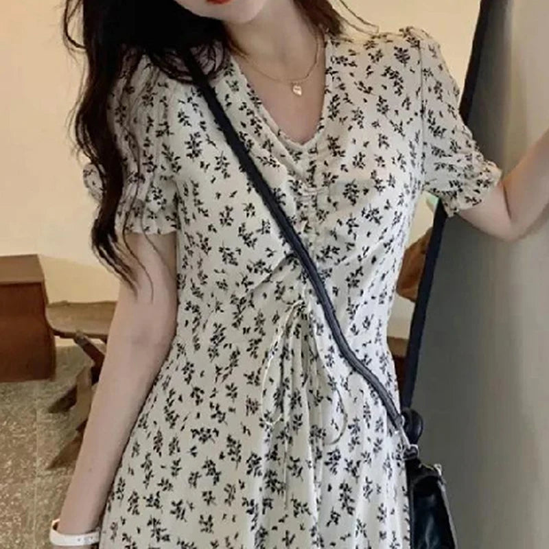 Elegant Floral Midi Dress for Women Korean Chic Printed V-neck Long Dress Female 2023 New Summer Short Sleeve Dresses