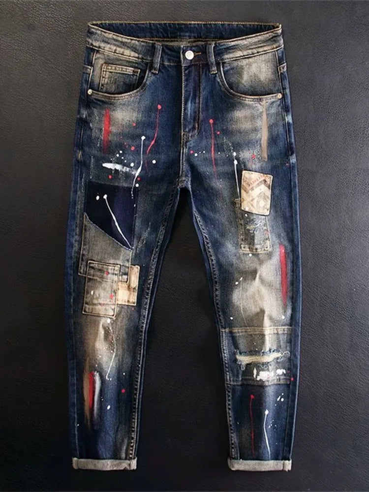2024 Spring and Autumn New Fashion Trend Printed Straight Leg Stretch Jeans Men's Casual Loose Comfortable High Quality Pants