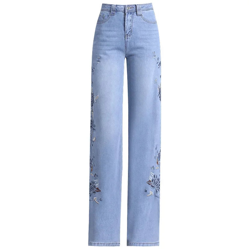 Light Blue Chinese Style Embroidery Wide Leg Jeans for Women with High Waist To Show Thin and Smooth, Soft Silk Material Jeans