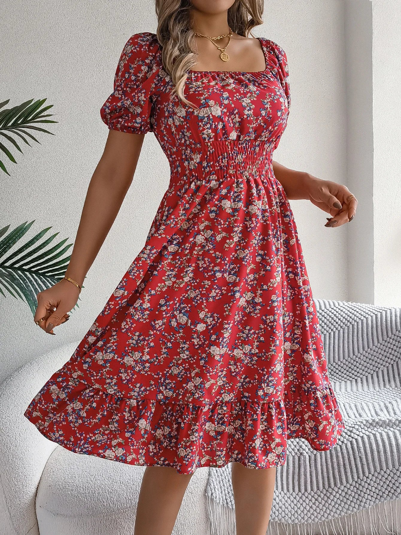 Spring and Summer Elegant Dress Floral Print Short Sleeved Square Neck Women's Ruffled Edge Dresses