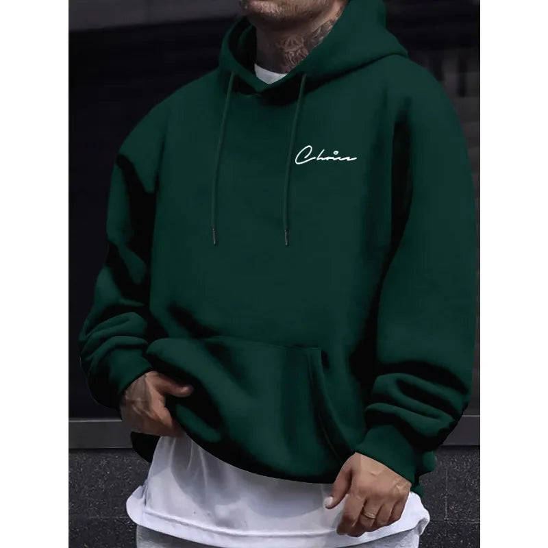 2025 New Simple Printed Men's Casual Hoodie Comfortable Hoodie with Kangaroo Pocket Loose Casual Four Seasons Street Hoodie