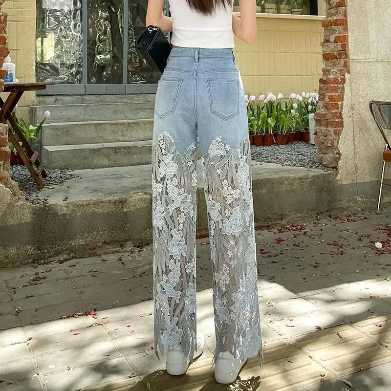 Lace Patchwork Hollow Niche Jeans Women's Summer New Fashion Straight Barrel Slim-fit Retro Casual Loose Denim Long Pants Y2k