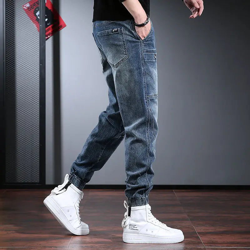 Korean Retro Workwear Jeans Men's Autumn Thin Casual Wear-Resistant Straight Leg Pants With Multiple Pockets Long Pants