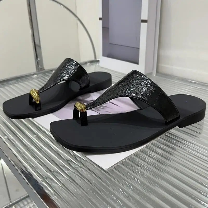 Summer Wearing Outside Clipped Toe Slippers Leisure Women Korean Style Versatile Solid Color Cow Split Leather Flip Flops