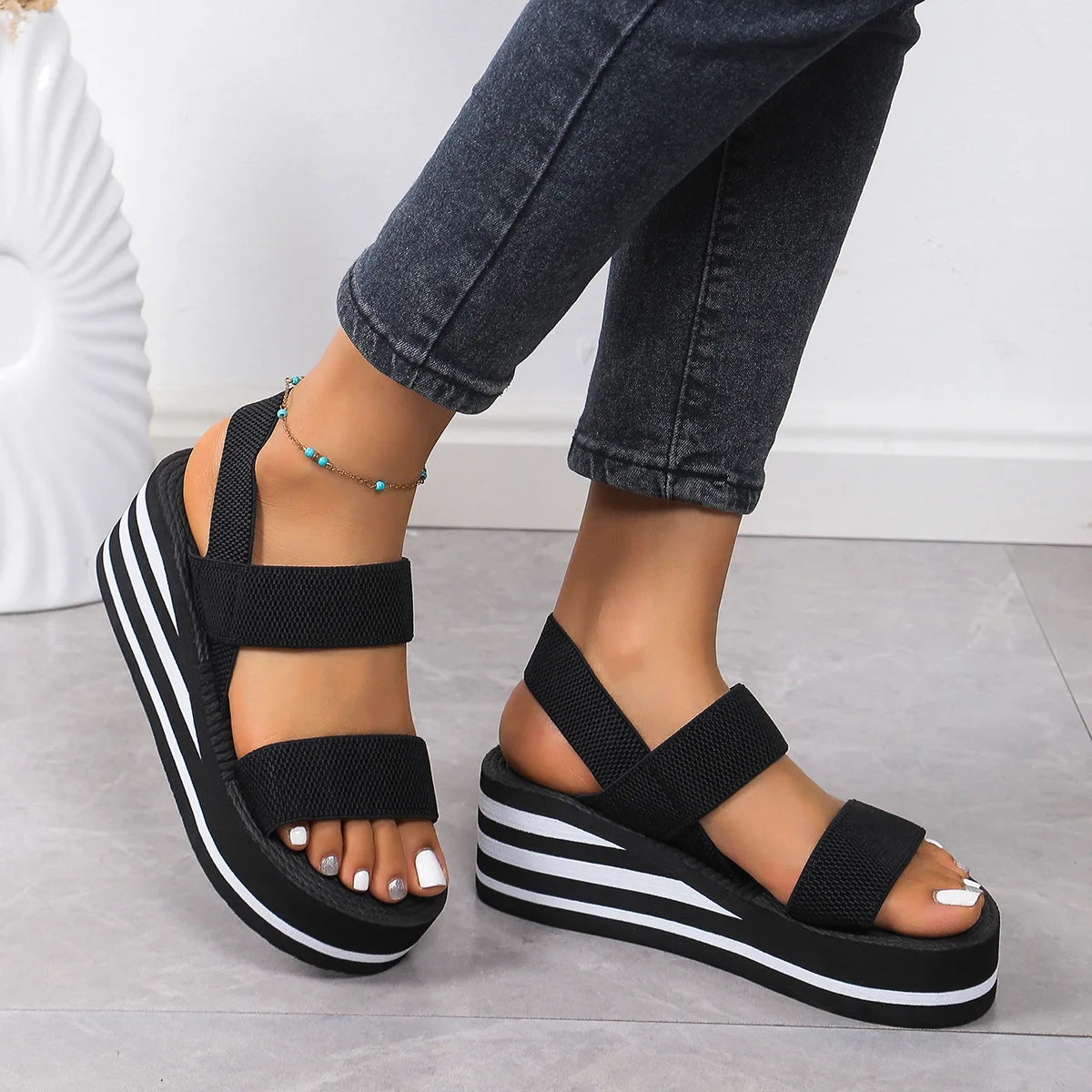 Women's Light Weight Wedge Sandals Open Toe Platform Thick Soled Summer Casual Slingback Shoes with Back Strap Leisure Footwear