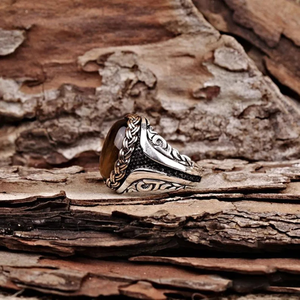 Brown tiger eye stone men and women retro new trend ring Turkish handmade spiral carving ring party niche jewelry
