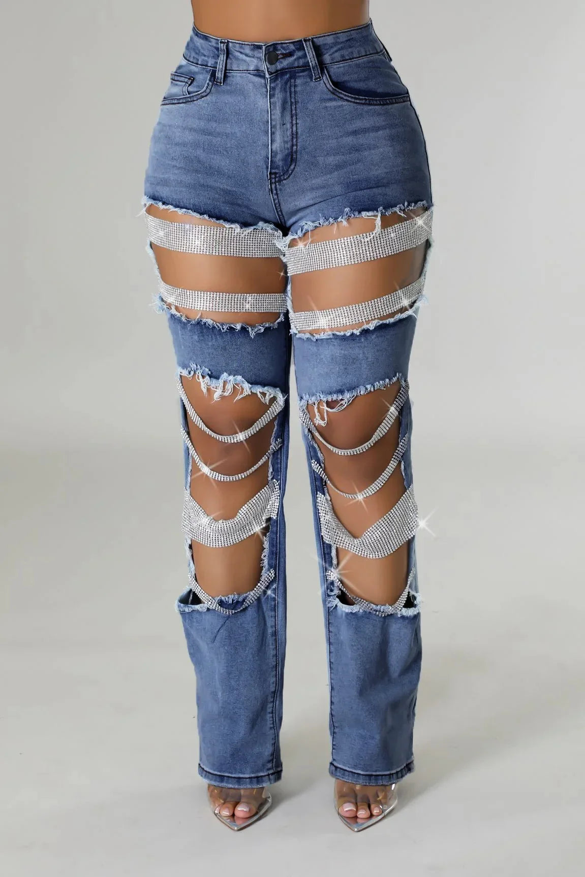 Spice Girl Summer Pants Ripped Heavy Industry Beaded Elastic Trousers  Fashion Personality Jeans