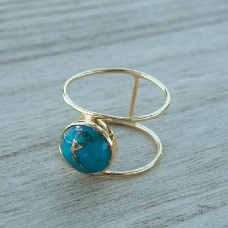 New Bohemian Large Round Turquoise Stone Rings for Women Vintage Double Layer Ring Retro Party Jewelry Boho Band Ring