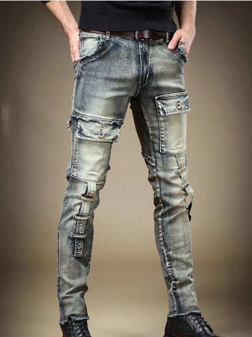 2025 Fashion Jeans men's Personality Multi-Pocket Trend Slim Fit Pants Elastic Streetwear Boyfriend Biker Man Straight Trousers