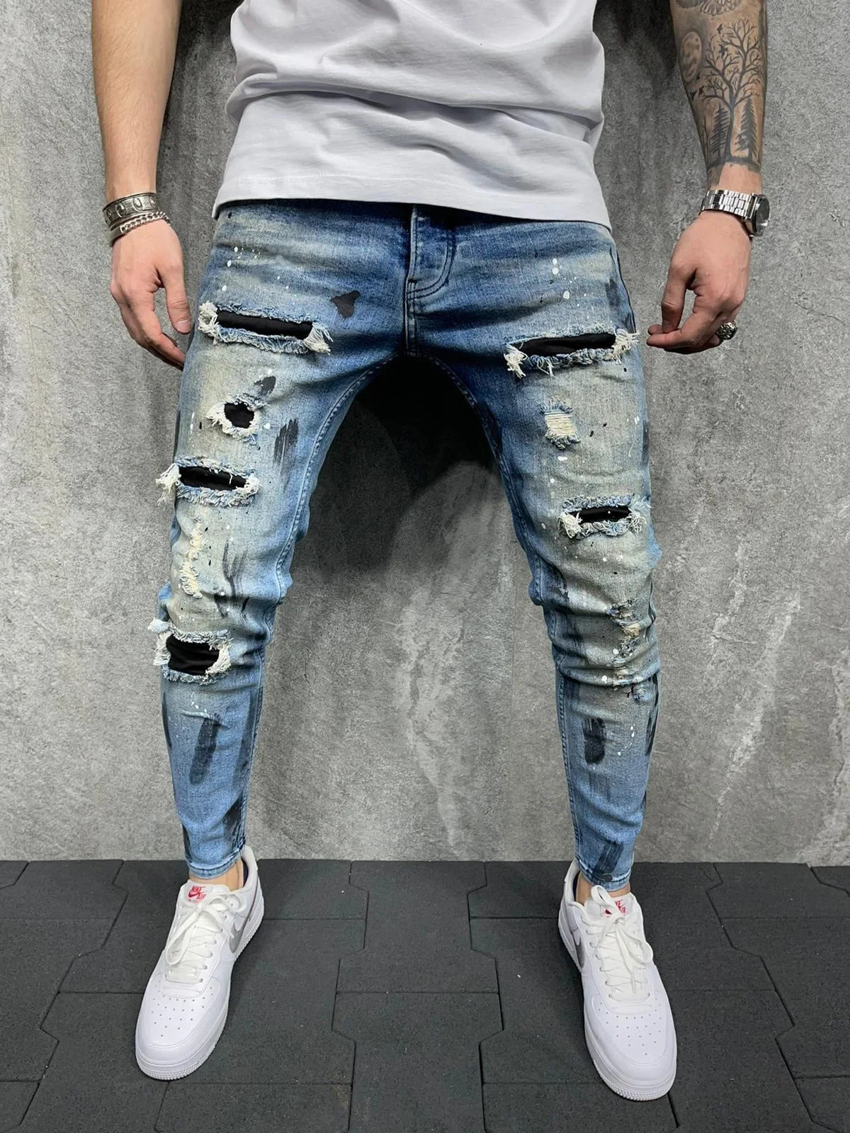 Men's Slim Fit Ripped Ankle Pants Painted Jeans
