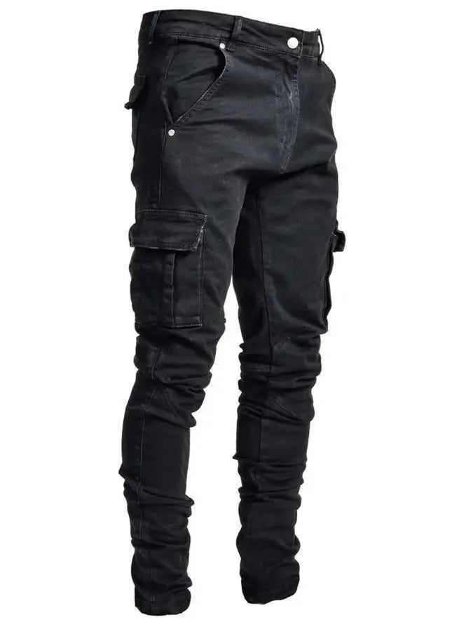 2025 New Men Street Elastic Denim Brand Jeans Narrow Legs Multi Pockets Cargo Pants Casual Slim Fit Daily Wear Joggers Mid Waist