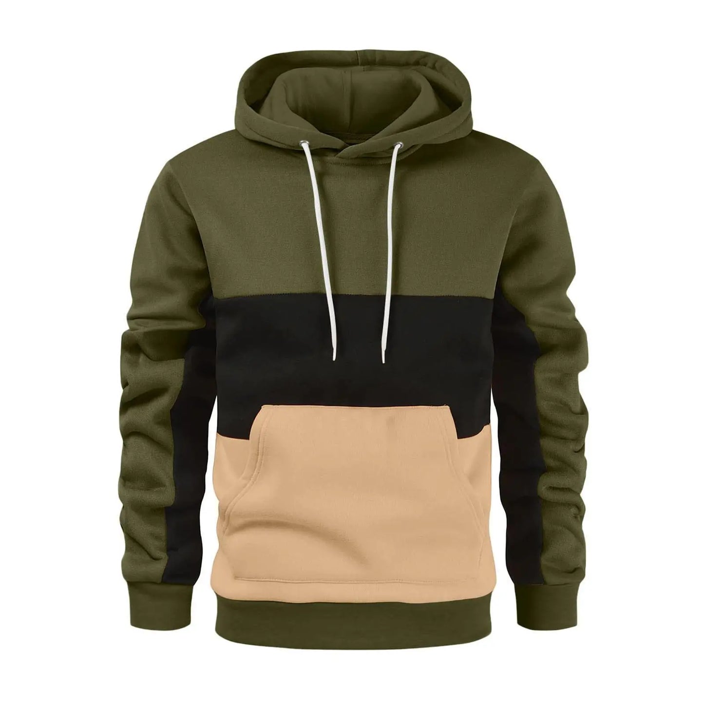 New Men's Patchwork Hoodie Outdoor Casual Sportswear Street Fashion Men's Fleece Thermal Hooded Sweatshirt Fall Winter Black