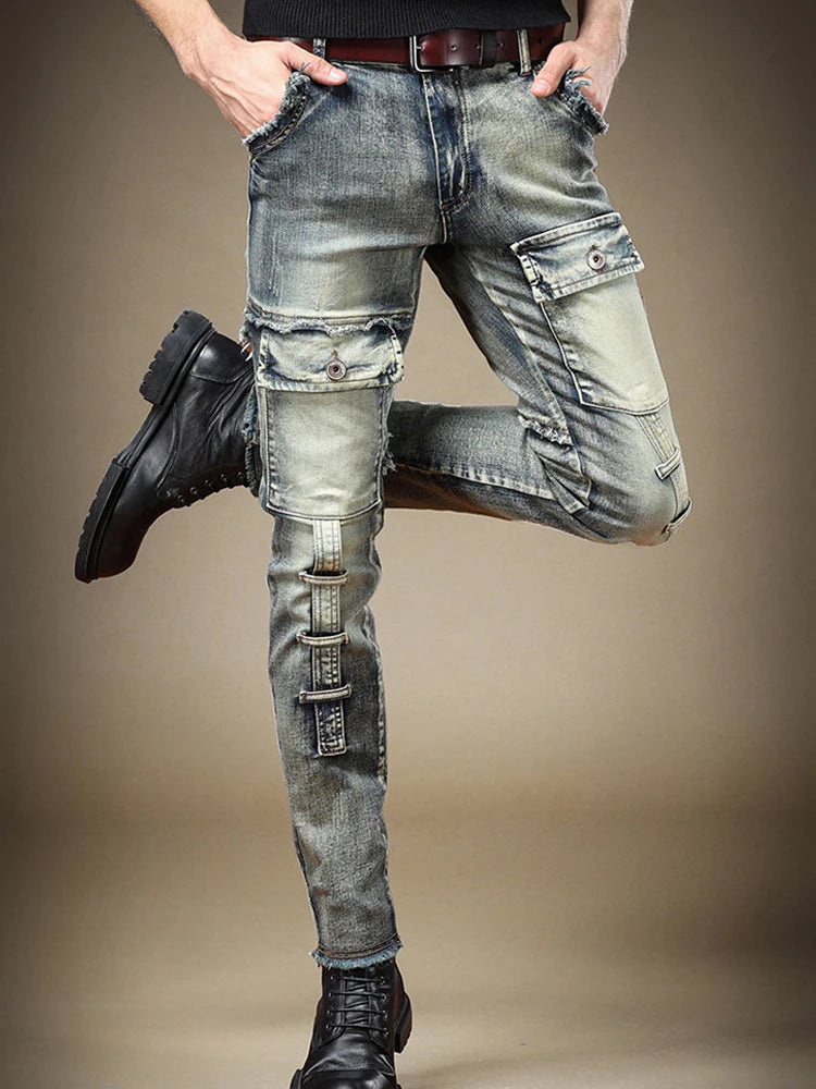 2024 Men's Jeans Stretch Vintage Washing Drak Blue Denim Pants Autumn Summer Luxury Street Hip-Hop Style Slim Fit Men Trousers