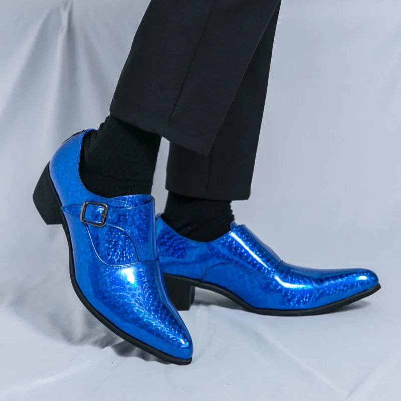 Blue Bright Men Dress Shoes Leather Pointed Toe Men’s High Heeled Shoe Big Size 46 Gentleman Oxford Shoes For Men zapatos hombre