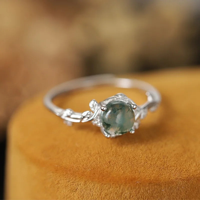 925 Silver Green Moss Ring with Water Grass Agate Stone Unique Elegant European American Style Jewelry Accessory