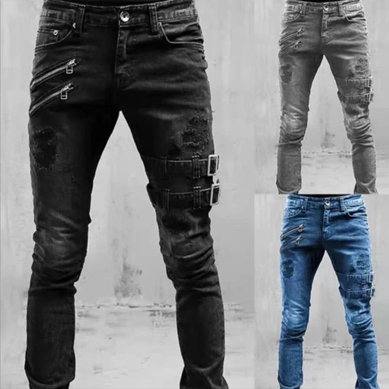 Street Skinny Ripped Jeans Men Denim Cargo Pants Wash Solid Color Casual Mid Waist Trousers Slim Daily Wear Joggers Y2K Clothing
