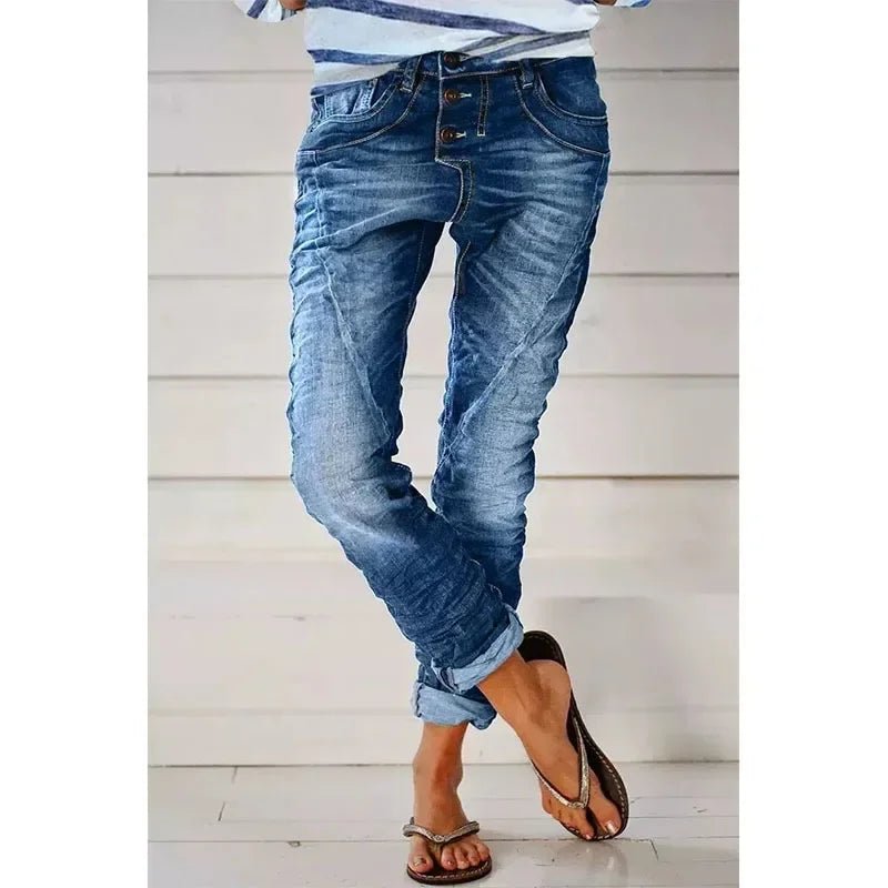 Jeans Denim Pants Capris 2025 Women Vintage Elastic Waist Long Flare Pants High Waist Slim Work Summer Blue Elegant Jeans Capris