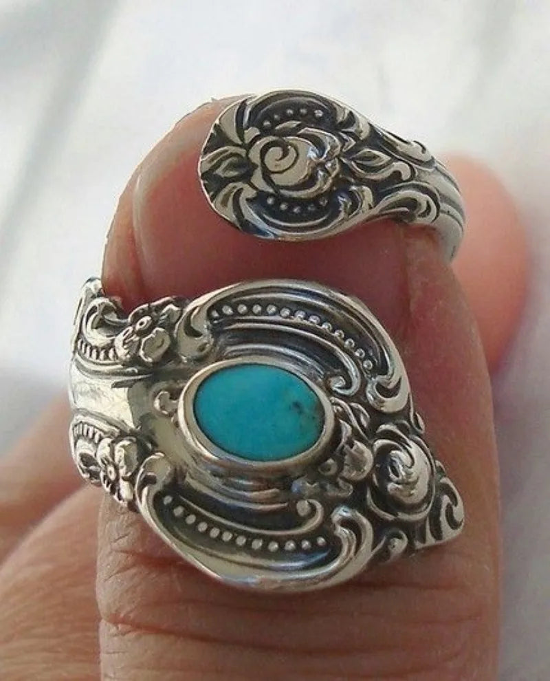 Bohemian Ethnic Style Creative Faux Turquoise Opening Adjustable Ring Women Retro Party Personality Jewelry Accessories