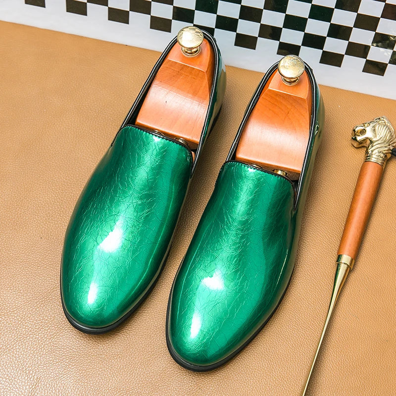 Luxury Designer Men's Pointed Candy Color Shiny Patent Leather Flats Shoes Male Wedding Casual Loafers Formal Dress Footwear