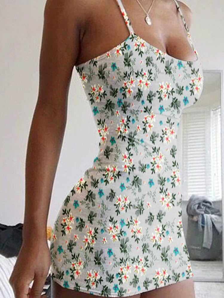 Plus Size Dresses Summer New Print Backless Slip Dress Women's Sexy Slim Floral Dress Mini Dresses Package Buttocks Short Skirt