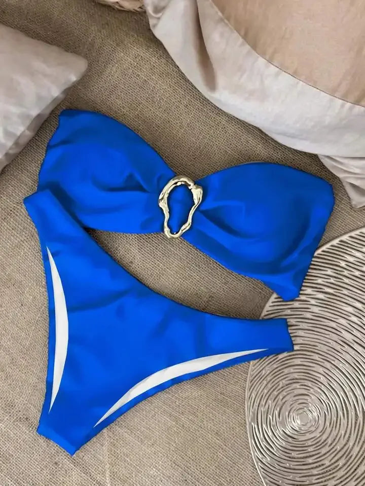 New Summer Swimwear Bikini Set Sexy Solid Strapless Bikini 2 Piece Set Women Split Swimsuit Low Waist Beach Bikini