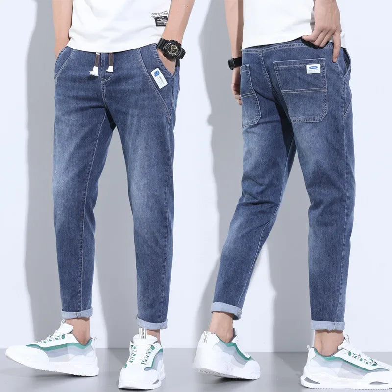2023 New Summer Thin Style Korean Street LUXURY Work Pants Men's Elastic Waist Jogger Jeans for Work Wear Clothing Denim Jeans