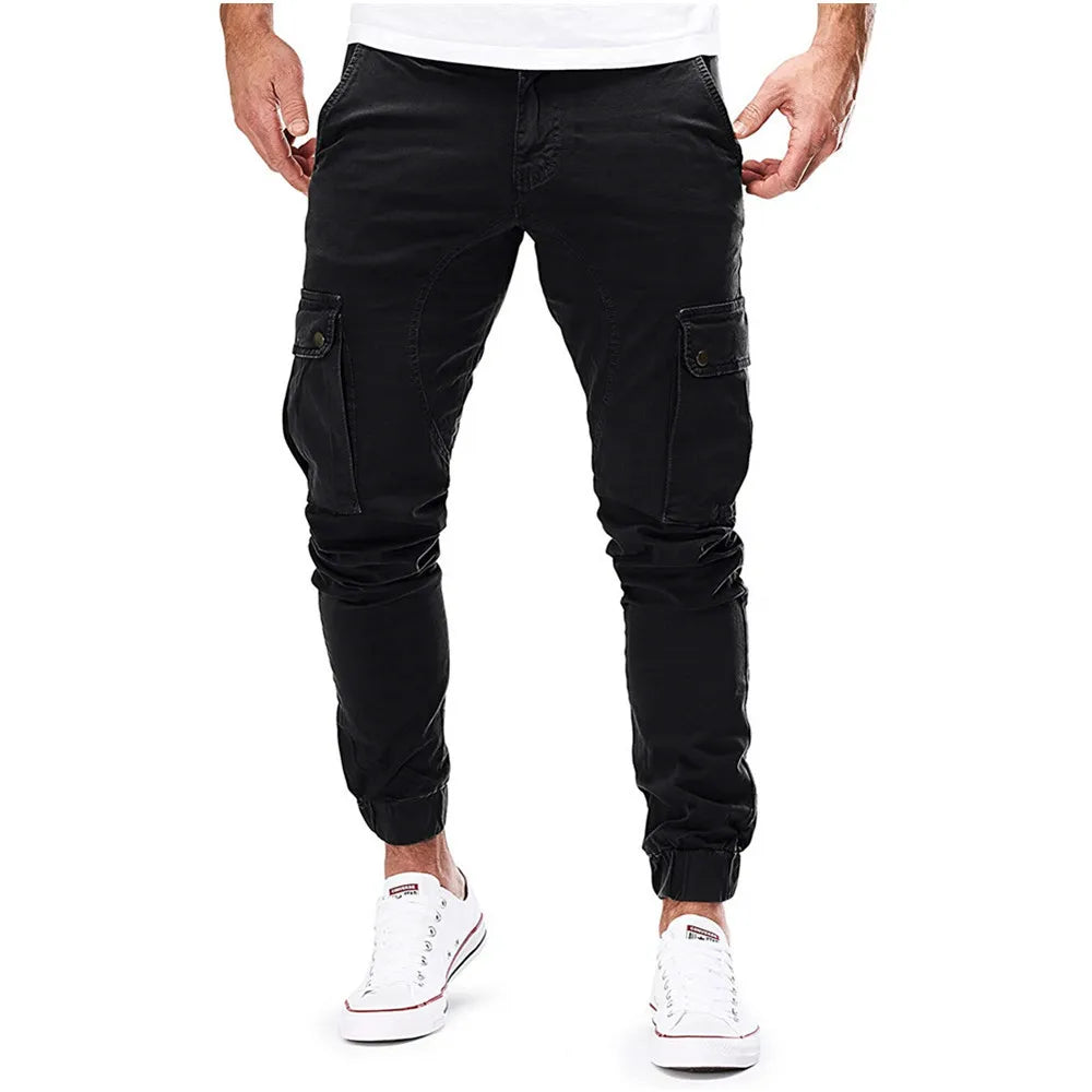 Street Elastic Jeans Men Denim Cargo Pants Wash Solid Color Multi Pockets Casual Mid Waist Trousers Slim Fit Daily Wear Joggers