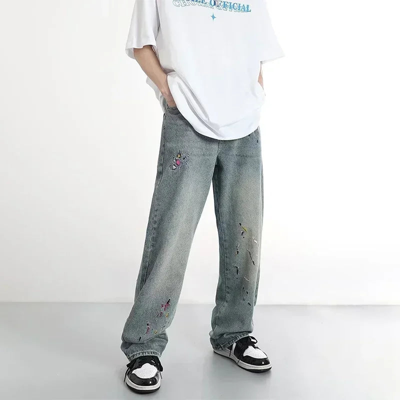 2024 New Men's Graffiti Embroidered Baggy Jeans Retro Straight-leg Denim Trousers High Street Distressed Y2K Jean pantalones