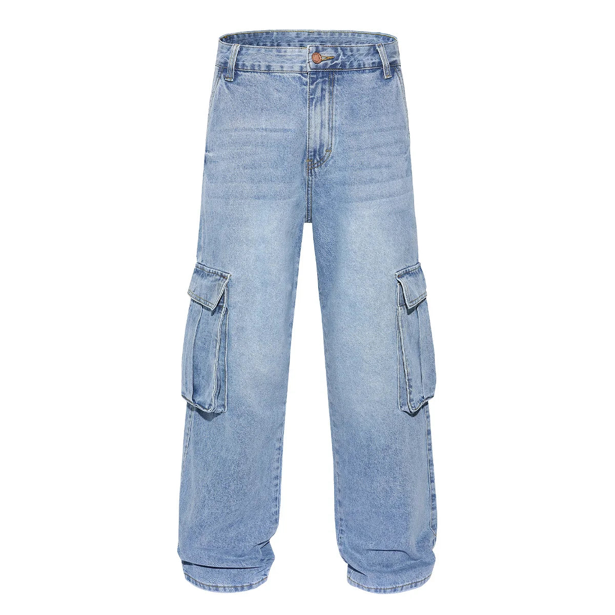Men's Baggy Cargo Pants Light Blue Washed Denim Multi-Pocket Wide-Leg Jeans Vintage Look Loose Fit Streetwear Style