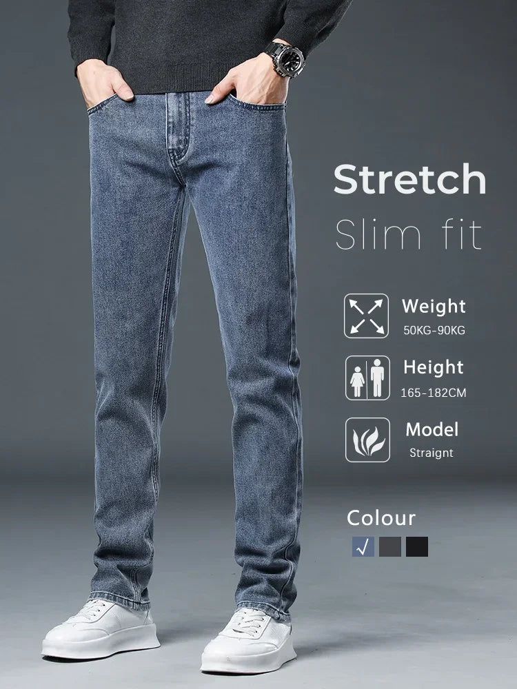 2025 New Autumn Men's Stretch Slim Jeans Straight Leg Casual Denim Trousers Male Business High Quality Classic Blue Gray Black