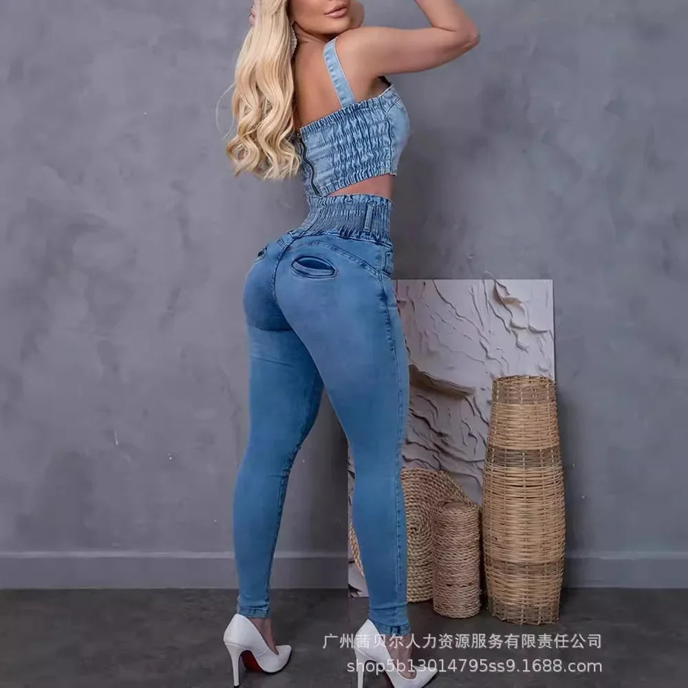 Stretchy Shirred High Waist Skinny Jeans Women Summer Sexy Slim Ankle Length Jeans Denim Pants