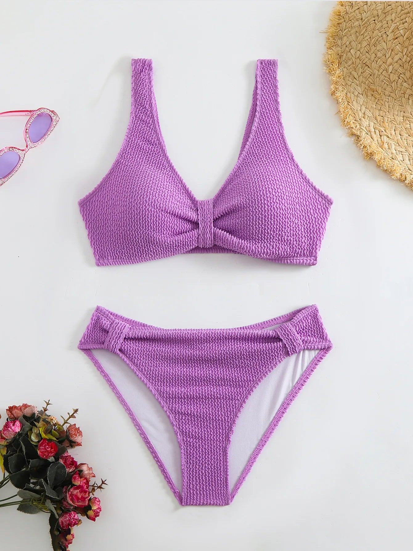 Summer New Women's 2 Piece Swimsuit Solid Color High Waist Bikini Set V-neck Backless Beach Vacation Bathing Suit Swimwear