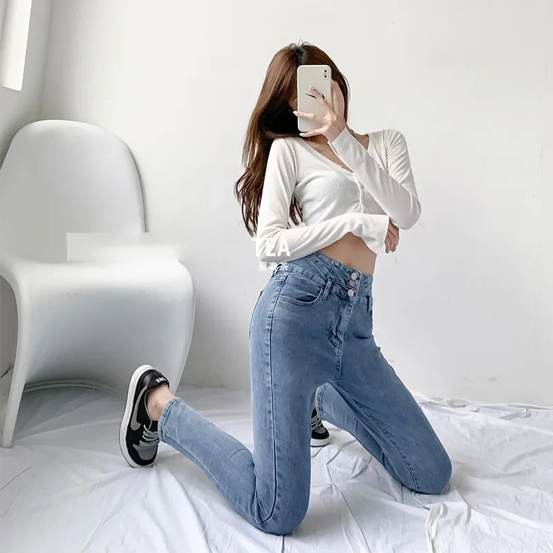 Spring Autumn 2022 New Women's Jeans Ultra-High Waisted Slimming Stretchy Outerwear Smooths Your Silhouette Pencil Slim Fit Trou