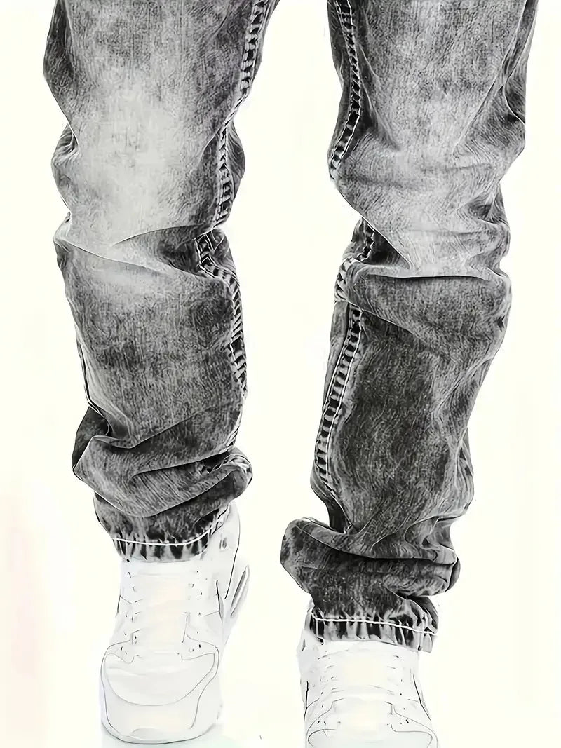1pc Men's Casual Slim-Fit Stretch Jeans, Fashionable Street-Style Gradient Denim Pants with Washed-Out Look, Regular Fit, Machin