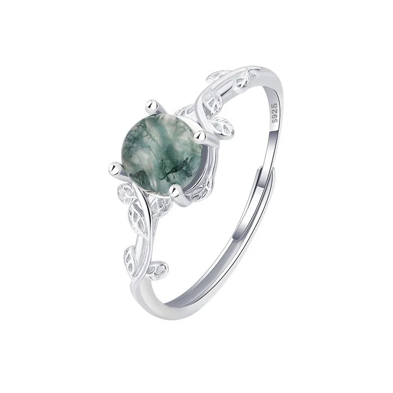 925 Silver Green Moss Ring with Water Grass Agate Stone Unique Elegant European American Style Jewelry Accessory