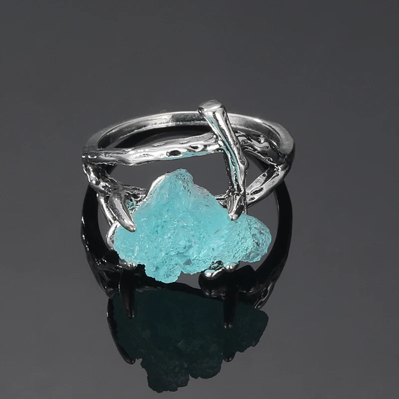 Retro Handmade Silver Plated Crystal Geometry Rings for Female Blue Stone Ring Bohemian Charm Women Wedding Engagement Jewelry