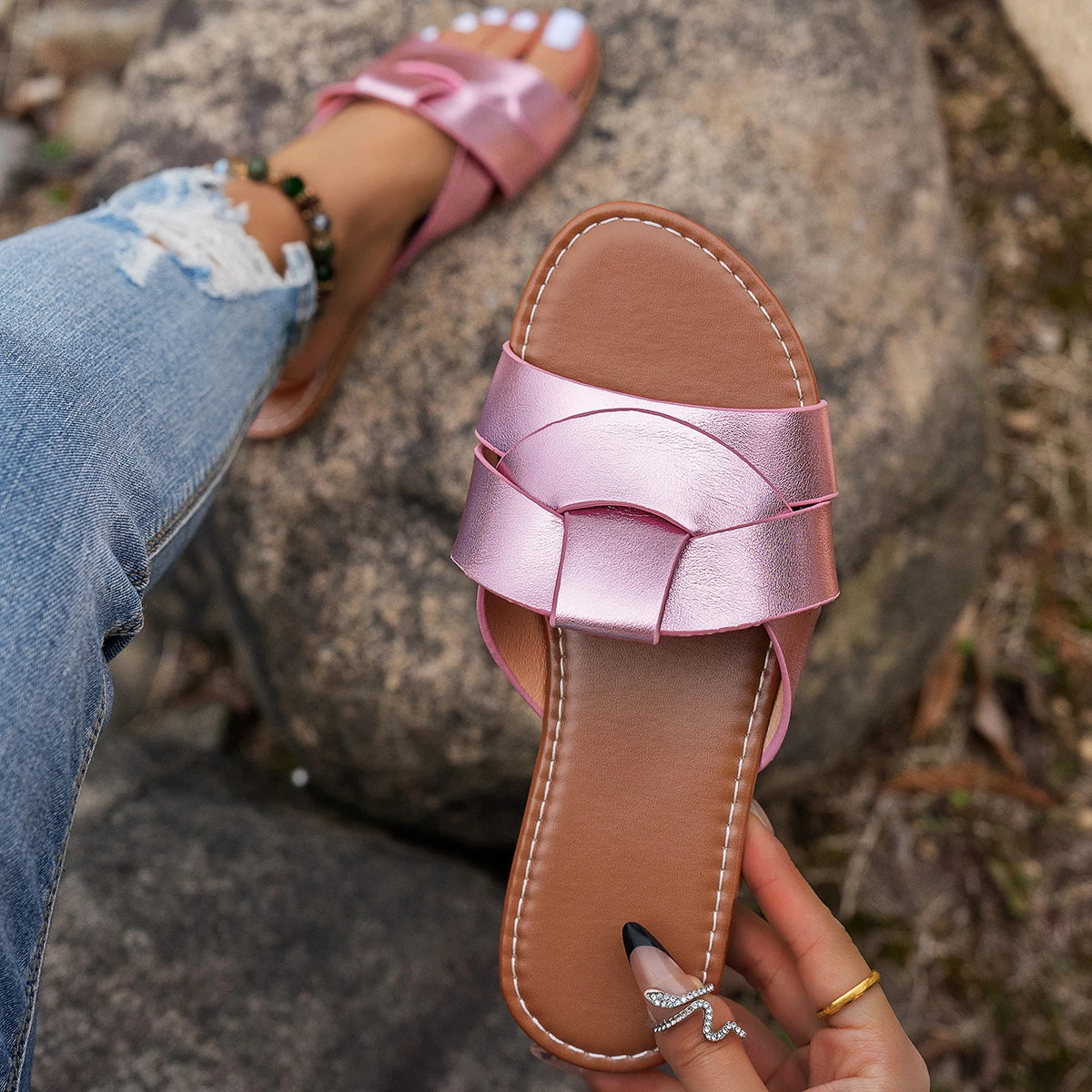 Summer Solid Color Flat Sandals Open Toe Outdoor Slippers Beach Women's Shoes Plus Size Zapatos De Mujer Slides 
