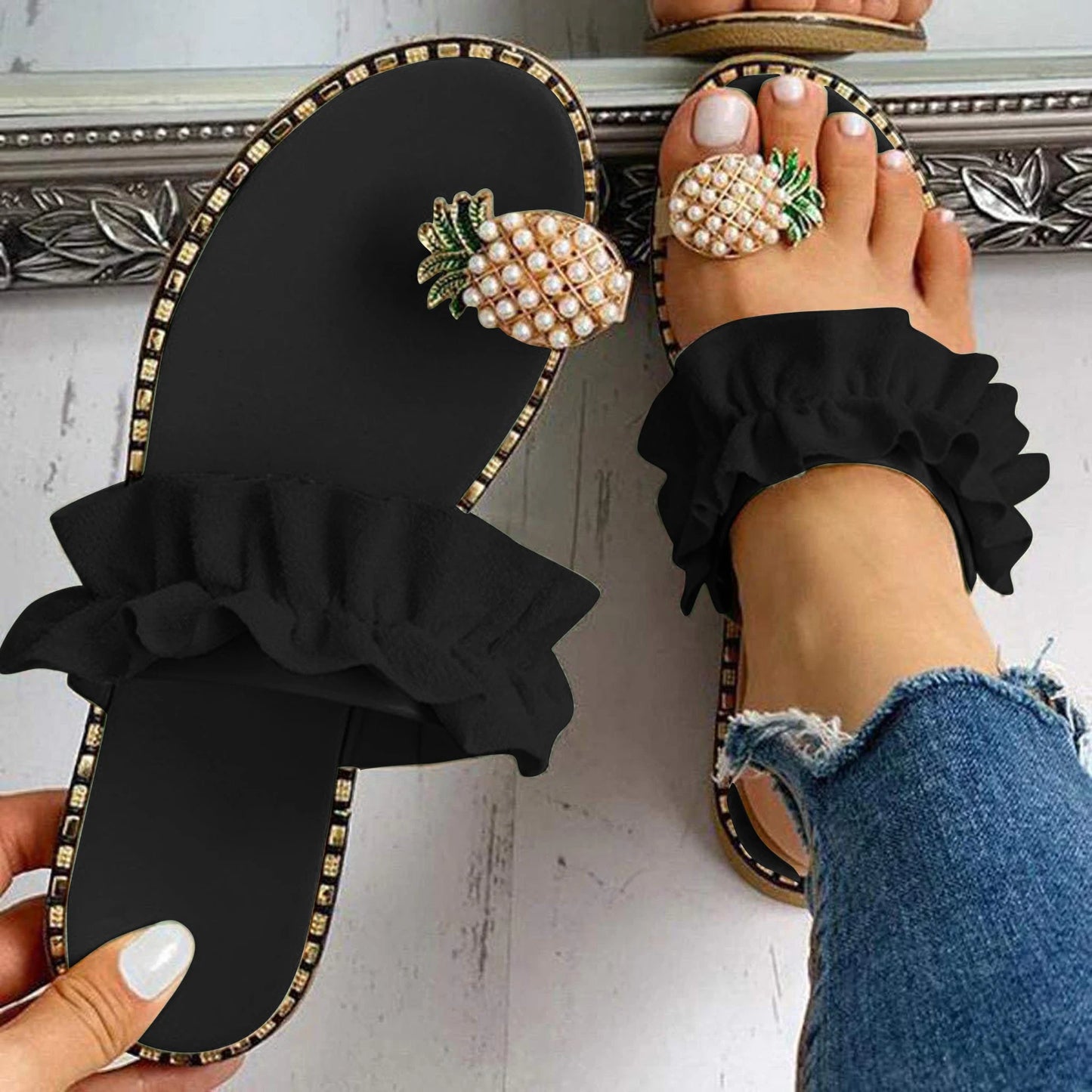 2025 Women Slipper Pineapple Pearl Flat Toe Bohemian Summer Beach Sandals Ladies Shoes plus size Mujer Verano