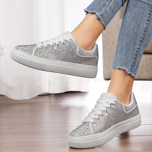Women's Walking Sneakers Fashionable Diamond Studded Thick Soled Shoes Casual Shoes Non-Slip Skateboard Shoes for Outdoor Sports