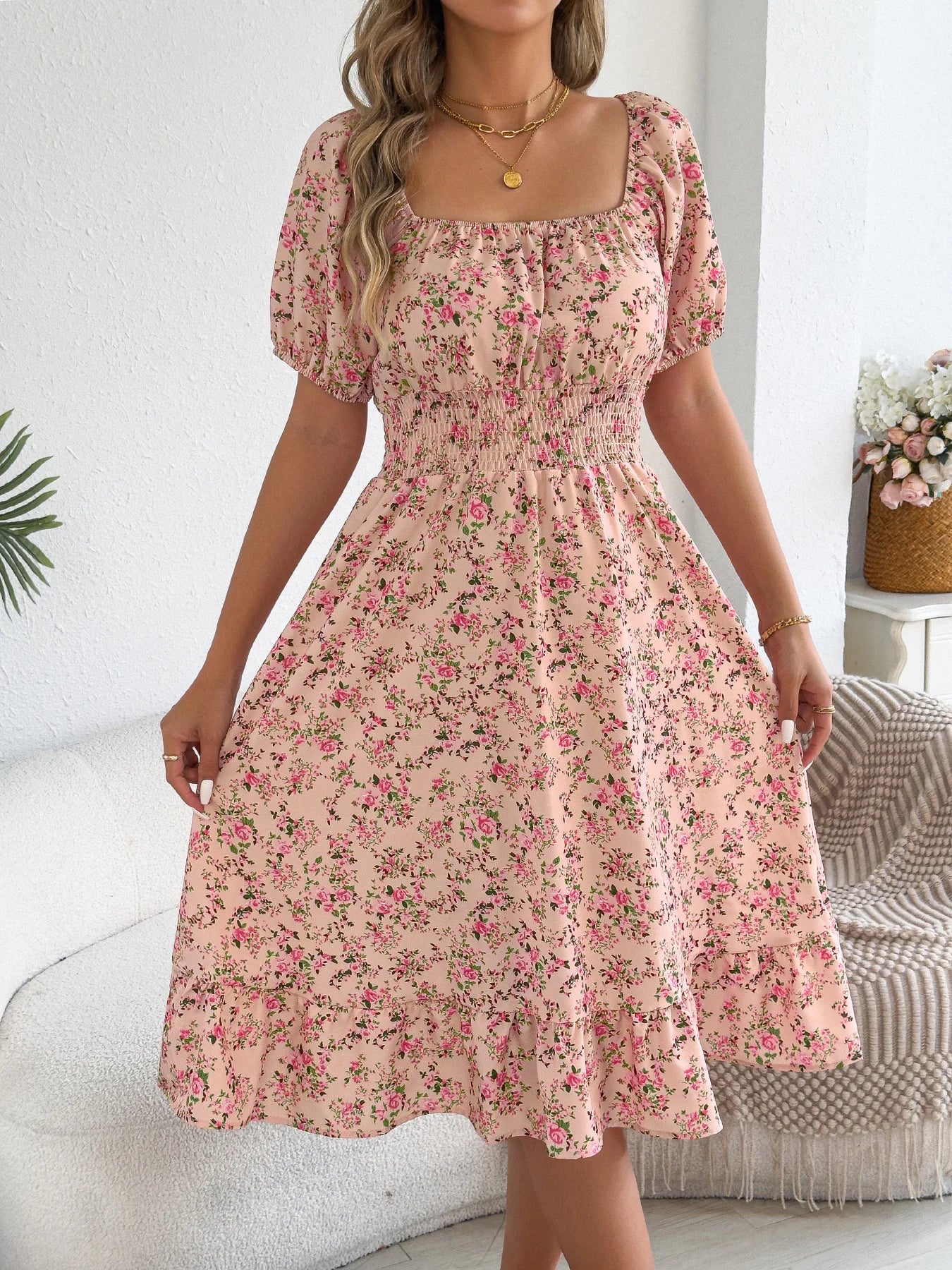 Spring and Summer Elegant Dress Floral Print Short Sleeved Square Neck Women's Ruffled Edge Dresses